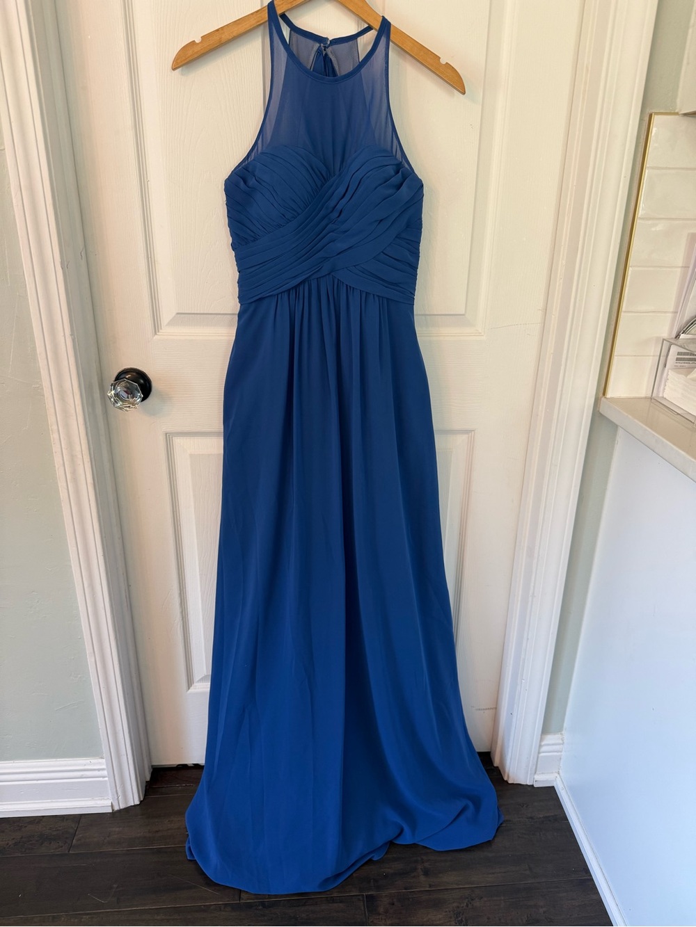 Sleeveless Mesh Yoke Maxi Dress in Deep Blue
